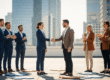 Two diverse business teams shake hands on a rooftop with puzzle pieces symbolising cultural alignment in mergers and acquisitions.