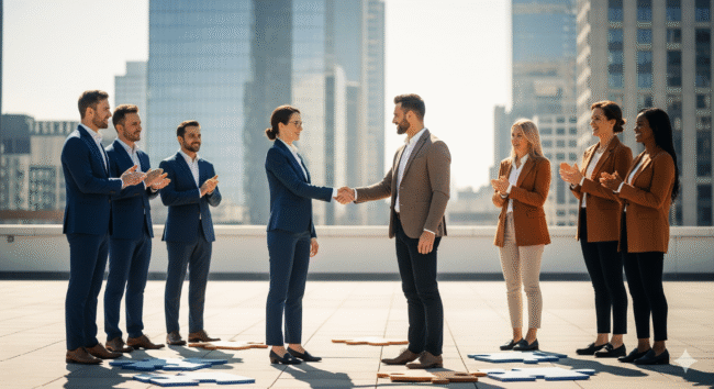 Two diverse business teams shake hands on a rooftop with puzzle pieces symbolising cultural alignment in mergers and acquisitions.