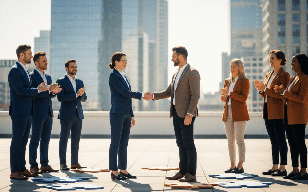 Business Teams Aligning During a Merger Two diverse business teams shake hands on a rooftop with puzzle pieces symbolising cultural alignment in mergers and acquisitions.