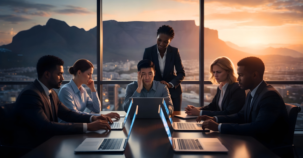 Business leaders in Cape Town reviewing AI dashboards with tension as a human-centric consultant provides guidance to boost workplace adoption and ROI.