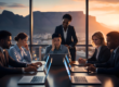 Business leaders in Cape Town reviewing AI dashboards with tension as a human-centric consultant provides guidance to boost workplace adoption and ROI.
