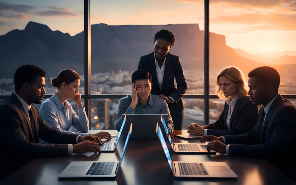 Business leaders in Cape Town reviewing AI dashboards with tension as a human-centric consultant provides guidance to boost workplace adoption and ROI.